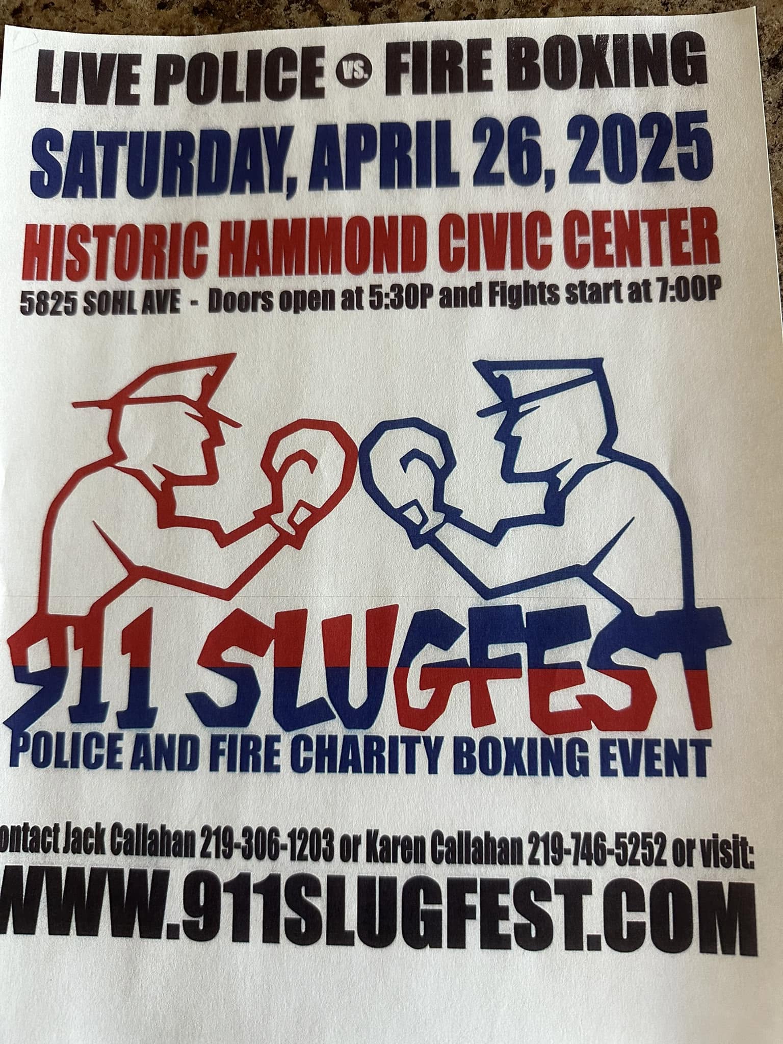 Printed flyer for the 911 Slugfest police-vs-fire charity boxing event.